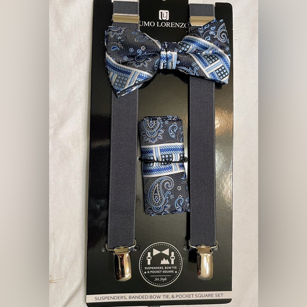 Men's Paisley Suspenders and Self-Tied Bow Tie with Pocket Square Hanky Set